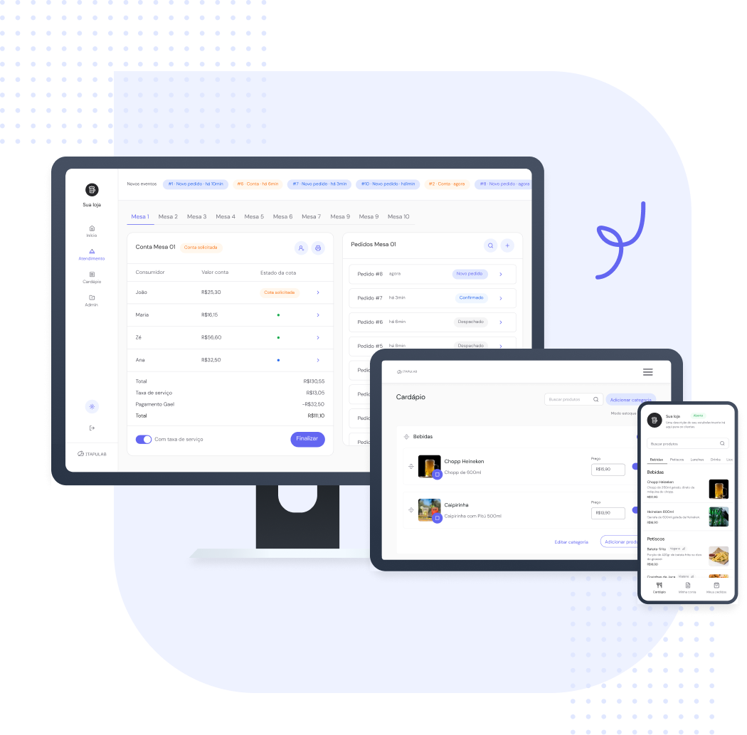 painel e cardápio exibidos em três dispositivos: monitor, tablet e smartphone